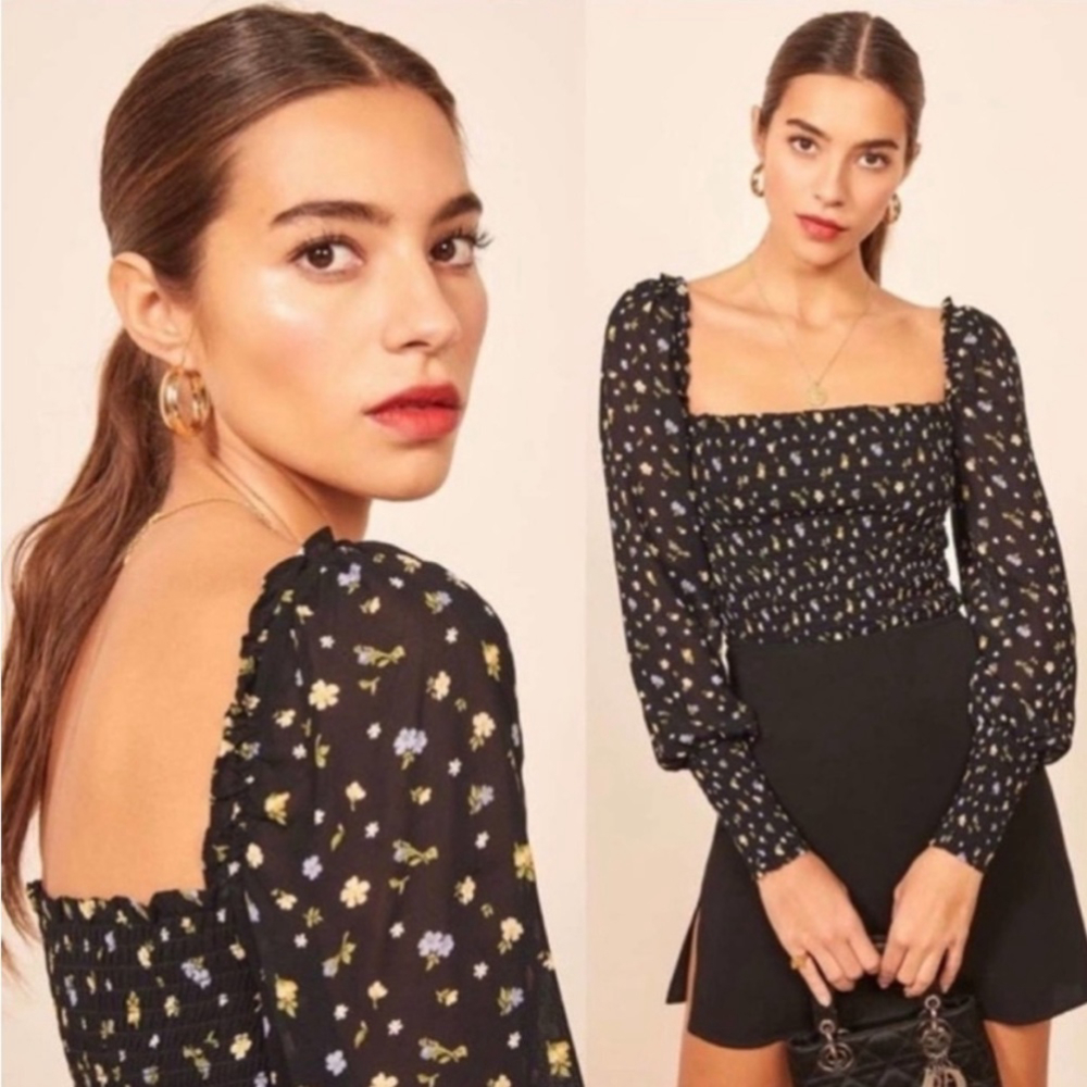 💟 REFORMATION Black Floral Print Square Neckline Smocked Pinto Top Size XS